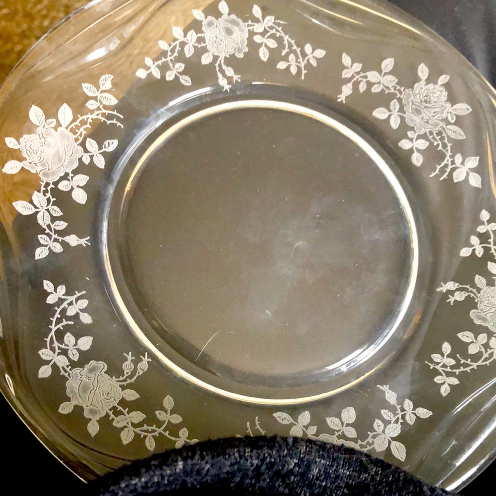 7” fostoria salad plates.  I believe the pattern is willowware.